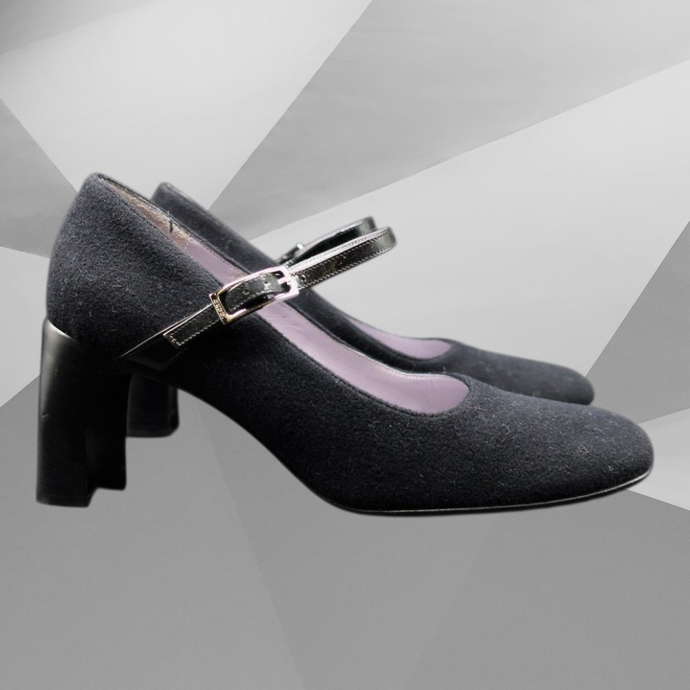 Y2K 90s Vintage Gucci Black Wool Mary Jane Block Heels Size 8 Italy Preppy Goth
